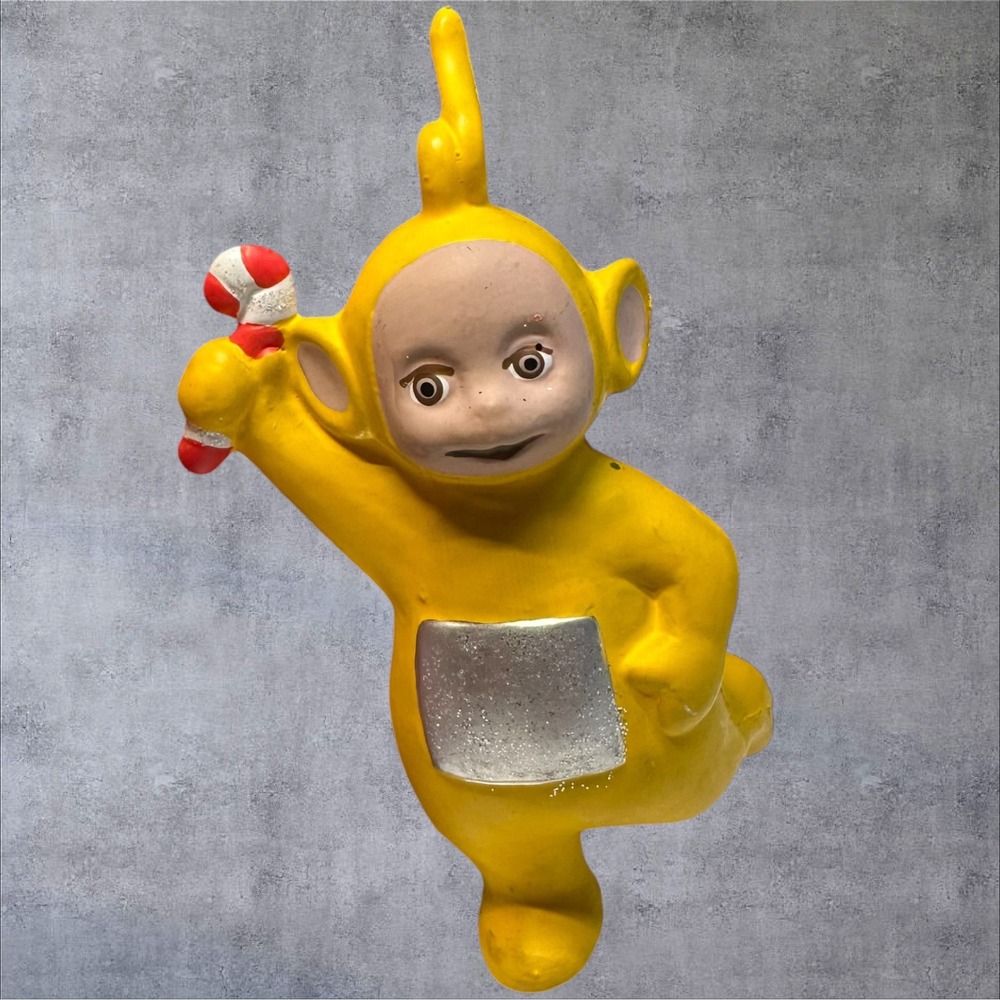 Vintage 1999 Teletubbies Laa-Laa Christmas Ornament Yellow Candy Cane Ragdoll